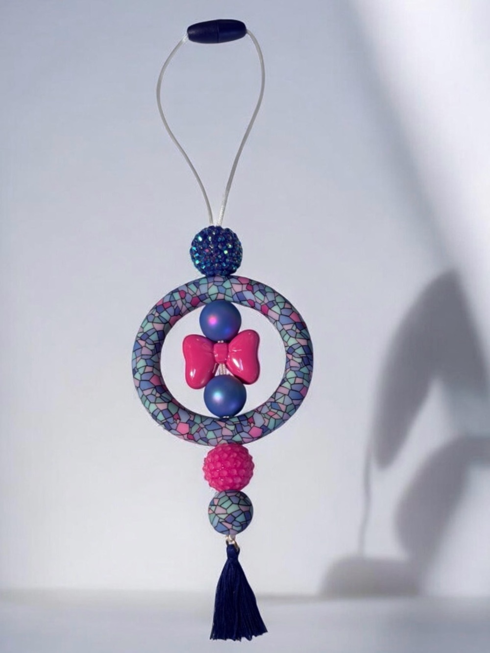 Handmade Bright Pink Bow & Blue Bead Hanging Car Charm